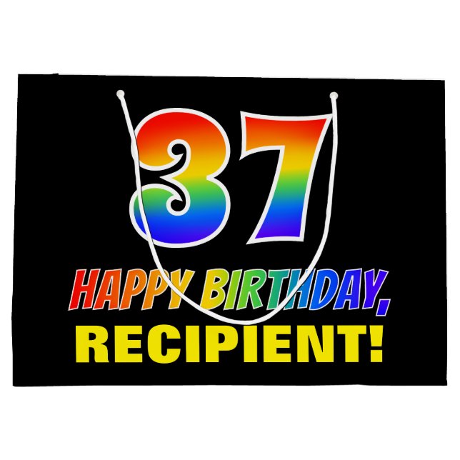 37th Birthday: Bold, Fun, Simple, Rainbow 37 Large Gift Bag (Back)