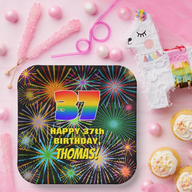 37th Birthday: Colourful, Fun Celebratory Firework Paper Plate (Party)
