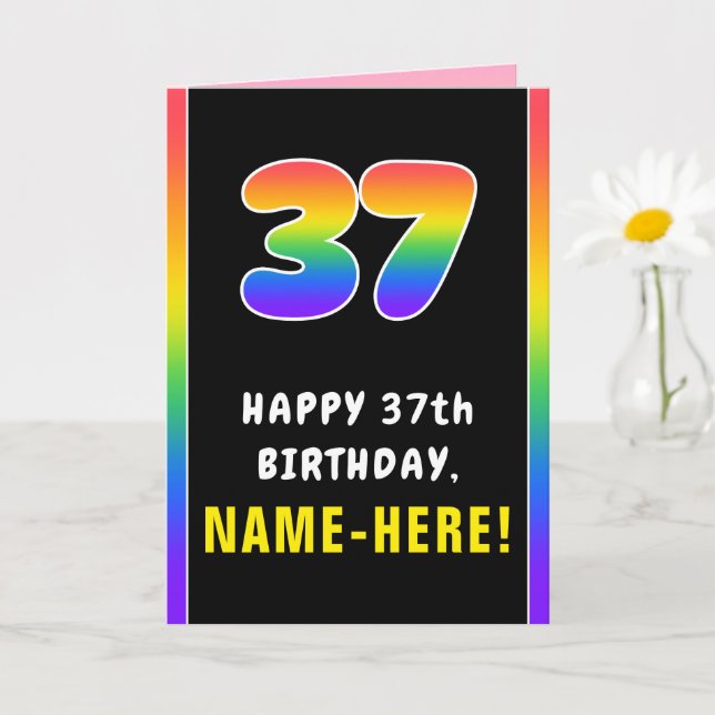 37th Birthday: Colourful Rainbow # 37, Custom Name Card (Small Plant)