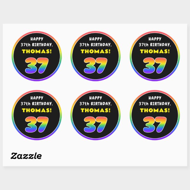 37th Birthday: Colourful Rainbow # 37, Custom Name Classic Round Sticker (Sheet)