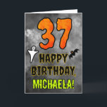 37th Birthday: Eerie Halloween Theme   Custom Name Card<br><div class="desc">The front of this scary and spooky Hallowe’en themed birthday greeting card design features a large number “37” and the message “HAPPY BIRTHDAY, ”, plus a customizable name. There are also depictions of a bat and a ghost on the front. The inside features a custom birthday greeting message, or could...</div>