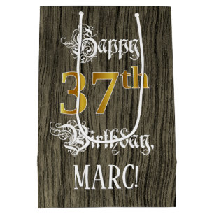 37th Birthday: Faux Gold Look & Faux Wood Pattern Medium Gift Bag