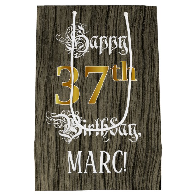 37th Birthday: Faux Gold Look & Faux Wood Pattern Medium Gift Bag (Back)