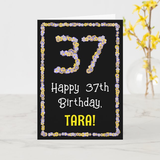 37th Birthday: Floral Flowers Number, Custom Name Card (Yellow Flower)