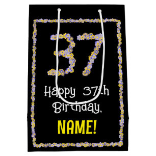 37th Birthday: Floral Flowers Number, Custom Name Medium Gift Bag