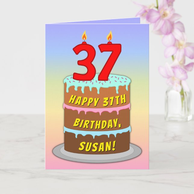 37th Birthday — Fun Cake & Candles, w/ Custom Name Card (Orchid)