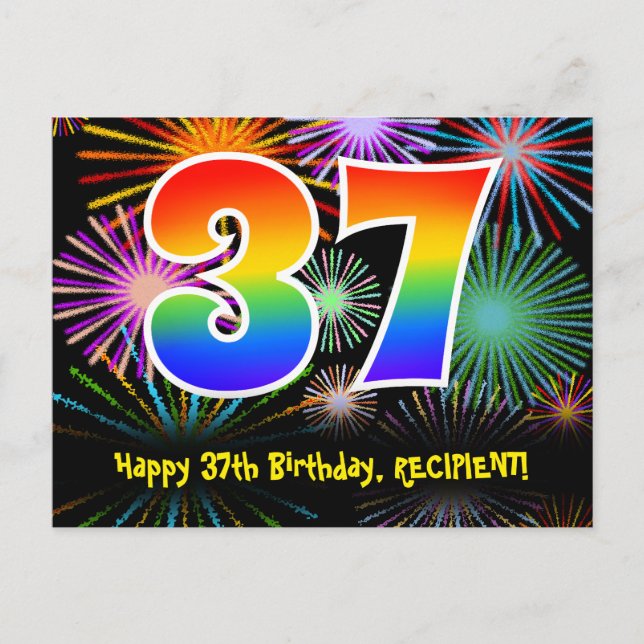 37th Birthday – Fun Fireworks Pattern + Rainbow 37 Postcard (Front)