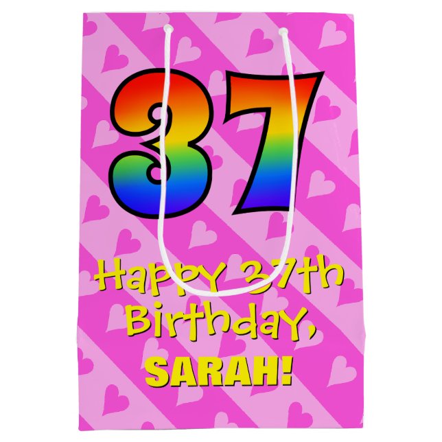 37th Birthday: Fun Pink Hearts Stripes; Rainbow 37 Medium Gift Bag (Back)