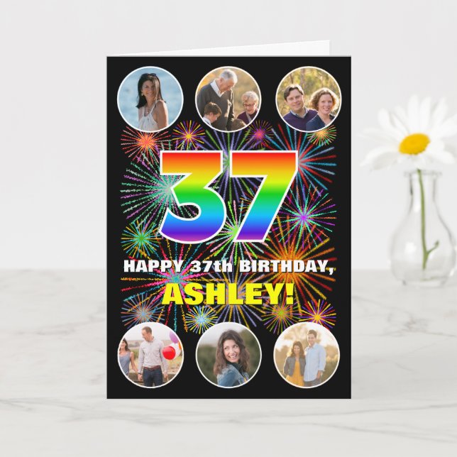 37th Birthday: Fun Rainbow #, Custom Name & Photos Card (Small Plant)
