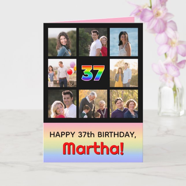37th Birthday: Fun Rainbow #, Custom Photos + Name Card (Orchid)