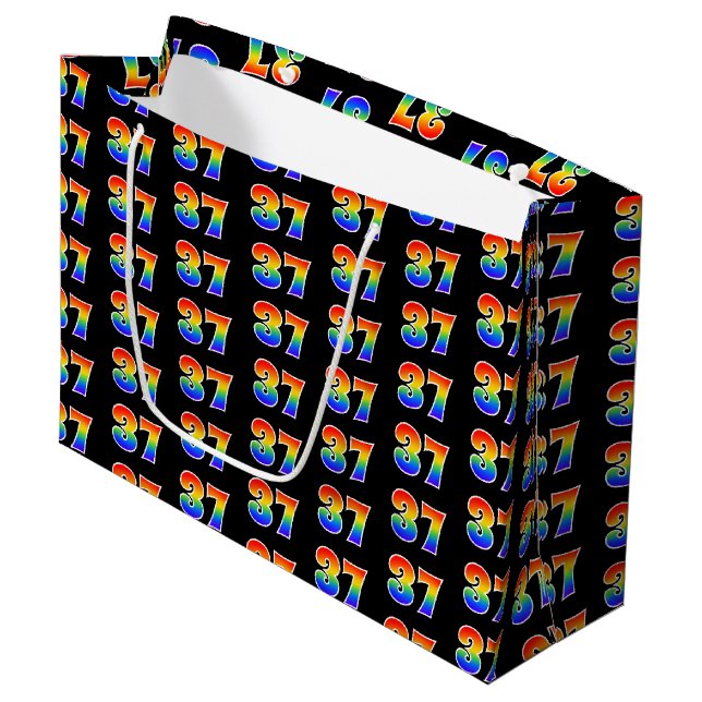 37th Birthday: Fun Rainbow Event Number 37 Pattern Large Gift Bag (Front Angled)