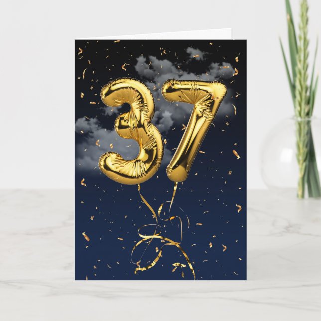 37th Birthday Gold Foil Balloon and Confetti Card (Front)