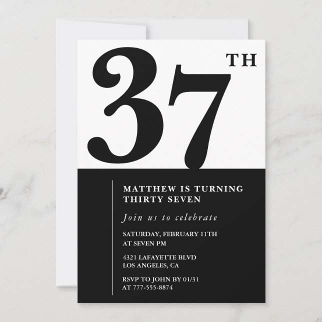 37th birthday invitations Black and White Elegant (Front)