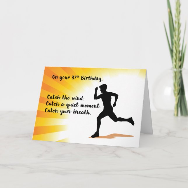 37th Birthday Man Running with Sunburst Background Card (Front)