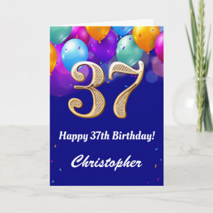37th Birthday Navy Blue and Gold Colourful Balloon Card