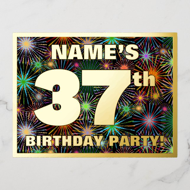 37th Birthday Party: Bold, Colourful Fireworks Loo Foil Invitation Postcard (Front)