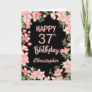 37th Birthday Pink Peach Watercolor Floral Black Card