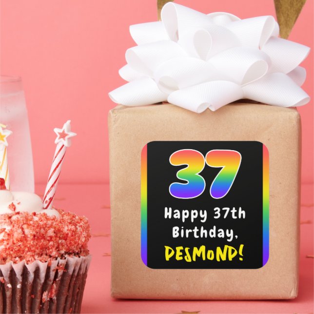 37th Birthday: Rainbow Spectrum # 37, Custom Name Square Sticker (Party)