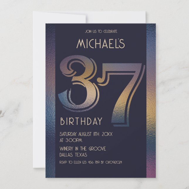 37th modern dark purple and gold birthday invitation (Front)