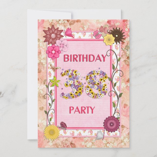 38e anniversaire invitation fête avec cadre fleuri (Devant)