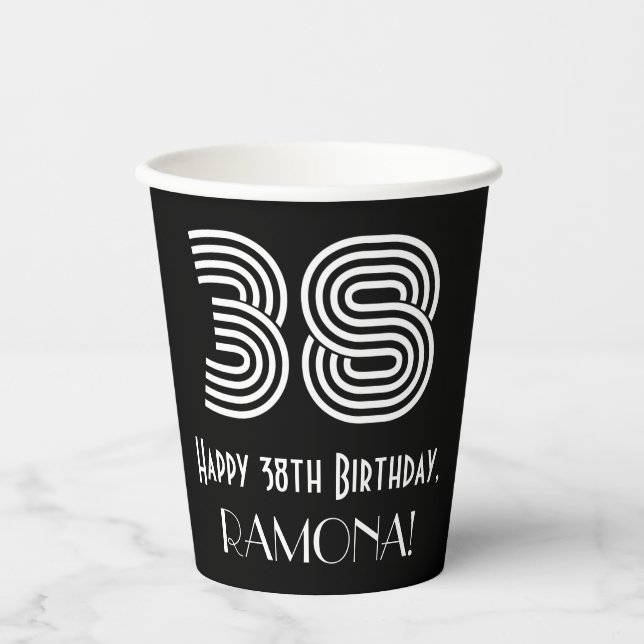 38th Birthday — Art Deco Inspired Look “38” + Name Paper Cups (Front)