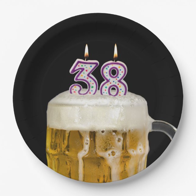 38th Birthday Beer on black Paper Plate (Front)