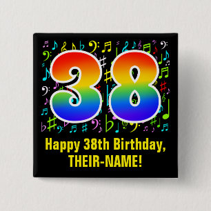 38th Birthday: Colorful Music Symbols, Rainbow 38 2 Inch Square Button