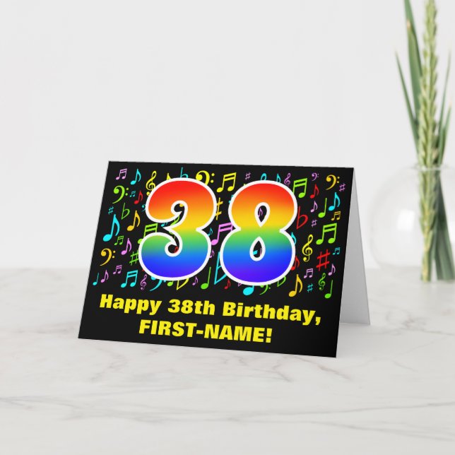 38th Birthday: Colorful Music Symbols & Rainbow 38 Card (Front)