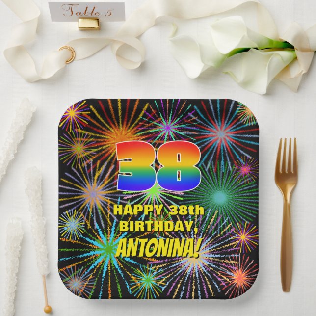 38th Birthday: Colourful, Fun Celebratory Firework Paper Plate (Wedding)