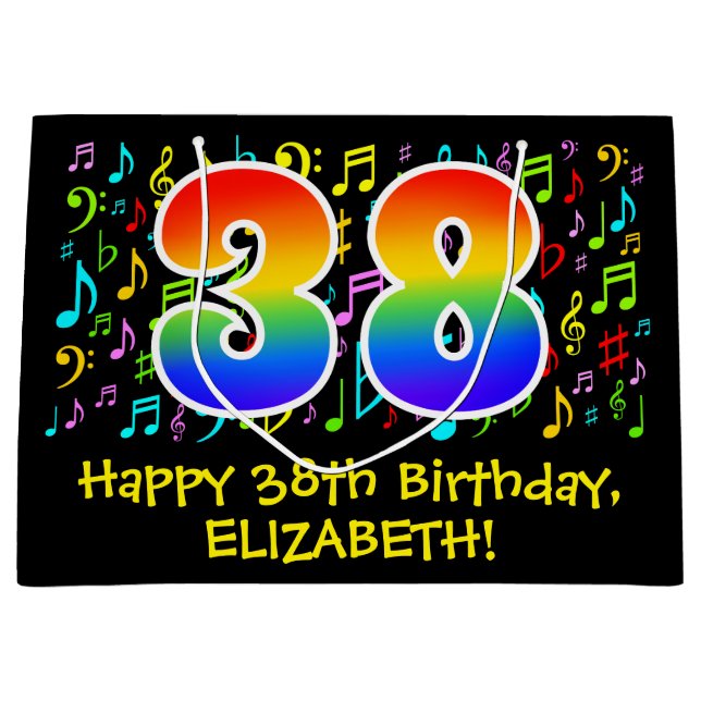 38th Birthday - Colourful Music Symbols, Rainbow 3 Large Gift Bag (Front)