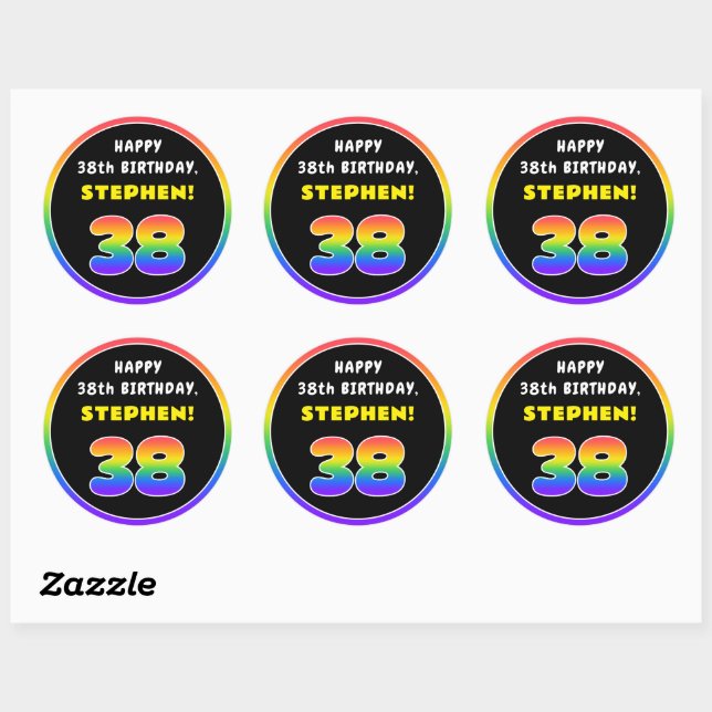 38th Birthday: Colourful Rainbow # 38, Custom Name Classic Round Sticker (Sheet)