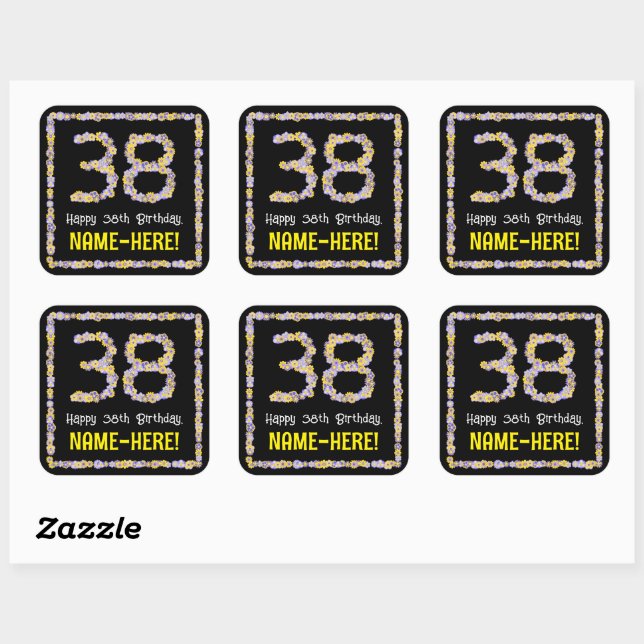 38th Birthday: Floral Flowers Number, Custom Name Square Sticker (Sheet)