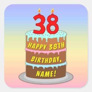 38th Birthday: Fun Cake and Candles + Custom Name Square Sticker