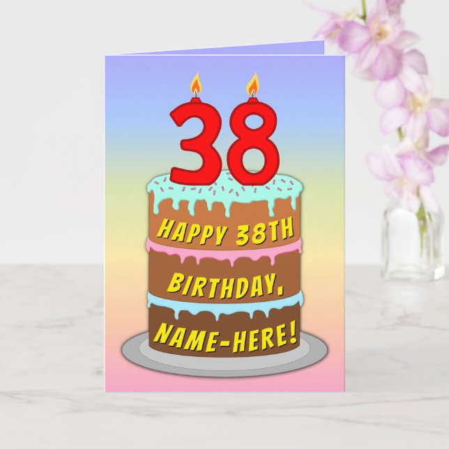 38th Birthday — Fun Cake & Candles, w/ Custom Name Card (Orchid)