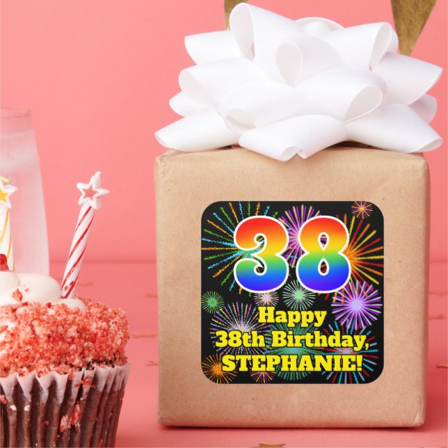 38th Birthday: Fun Fireworks Look, Rainbow # 38 Square Sticker (Party)