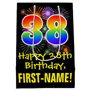 38th Birthday: Fun Fireworks Pattern + Rainbow 38 Medium Gift Bag