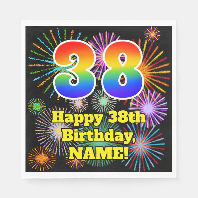 38th Birthday: Fun Fireworks Pattern + Rainbow 38 Napkin (Front)
