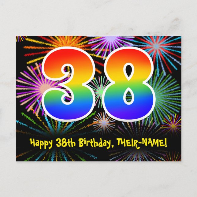 38th Birthday – Fun Fireworks Pattern + Rainbow 38 Postcard (Front)