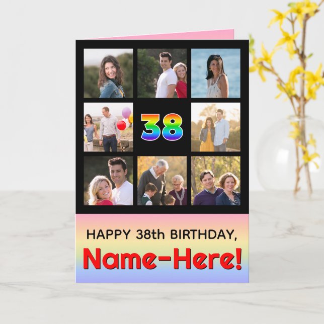 38th Birthday: Fun Rainbow #, Custom Photos + Name Card (Yellow Flower)