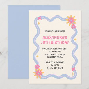 38th birthday invitation Retro Groovy Blue Flowers