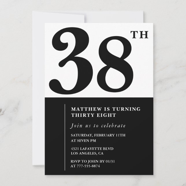 38th birthday invitations Black and White Elegant (Front)