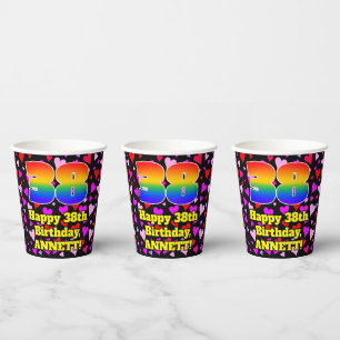38th Birthday: Loving Hearts Pattern, Rainbow 38 Paper Cups