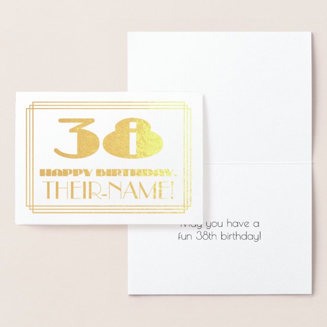 38th Birthday; Name + Art Deco Inspired Look "38" Foil Card (Display)