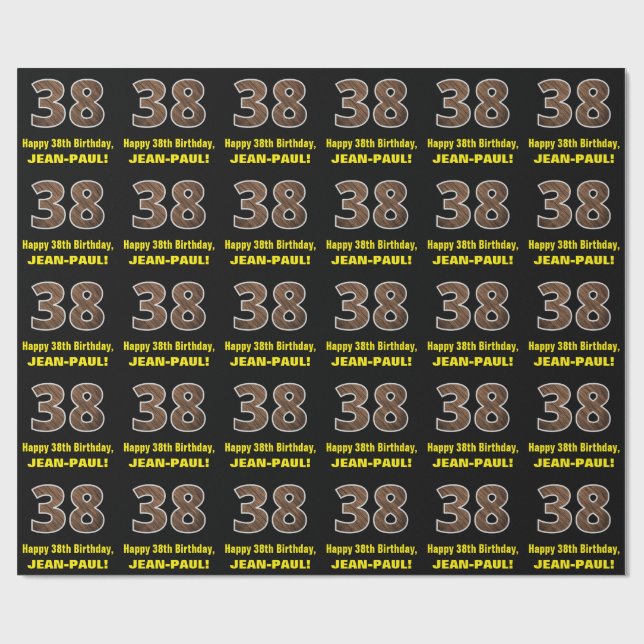 38th Birthday: Name & Faux Wood Grain Pattern "38" Wrapping Paper (Flat)