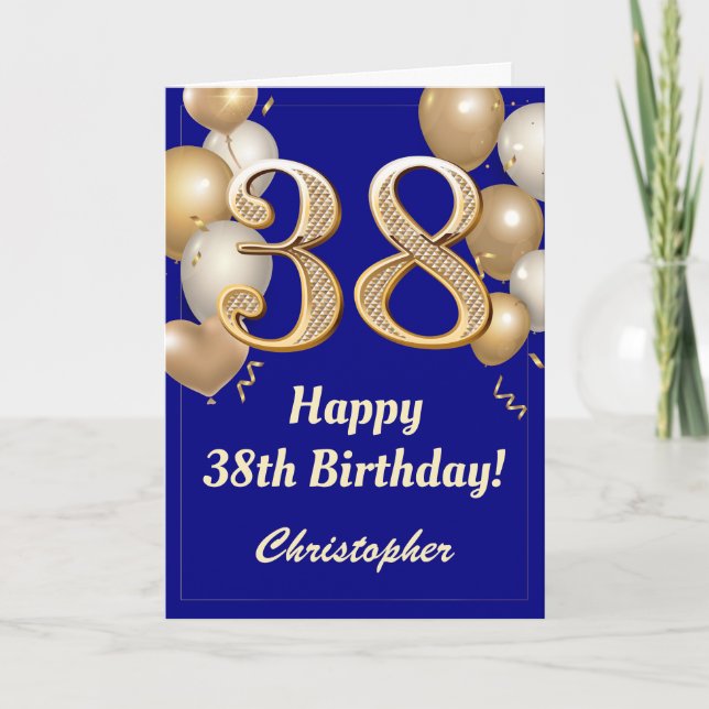 38th Birthday Navy Blue and Gold Balloons Confetti Card (Front)