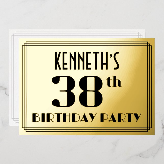 38th Birthday Party: Art Deco Look “38” and Name (Front/Back)