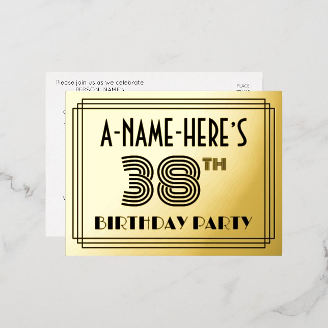 38th Birthday Party ~ Art Deco Style “38” + Name Foil Invitation Postcard (Front/Back)