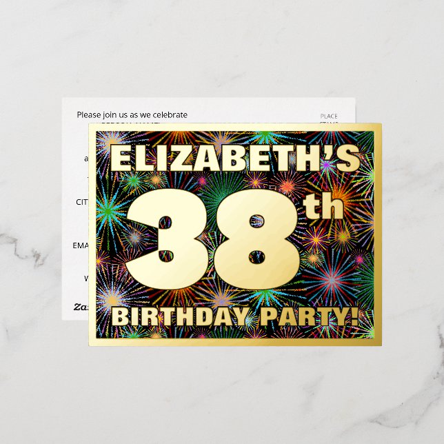 38th Birthday Party: Bold, Colourful Fireworks Loo Foil Invitation Postcard (Front/Back)
