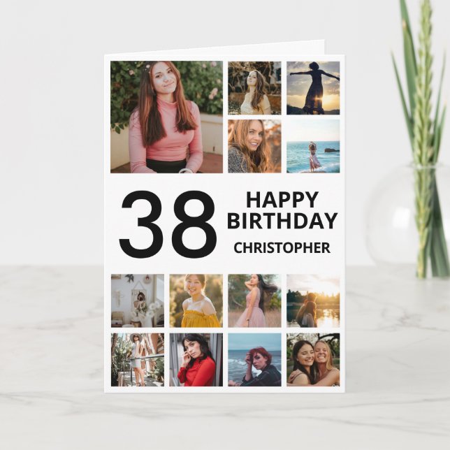 38th Birthday Photo Collage 13 Photos Black White Card (Front)