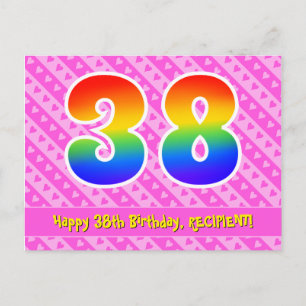 38th Birthday: Pink Stripes & Hearts, Rainbow 38 Postcard